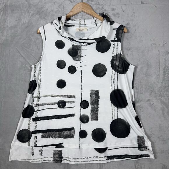 Jess & Jane Sleeveless Top Large Black White Cowl Neck Abstract Print Tunic Tank - Picture 1 of 10
